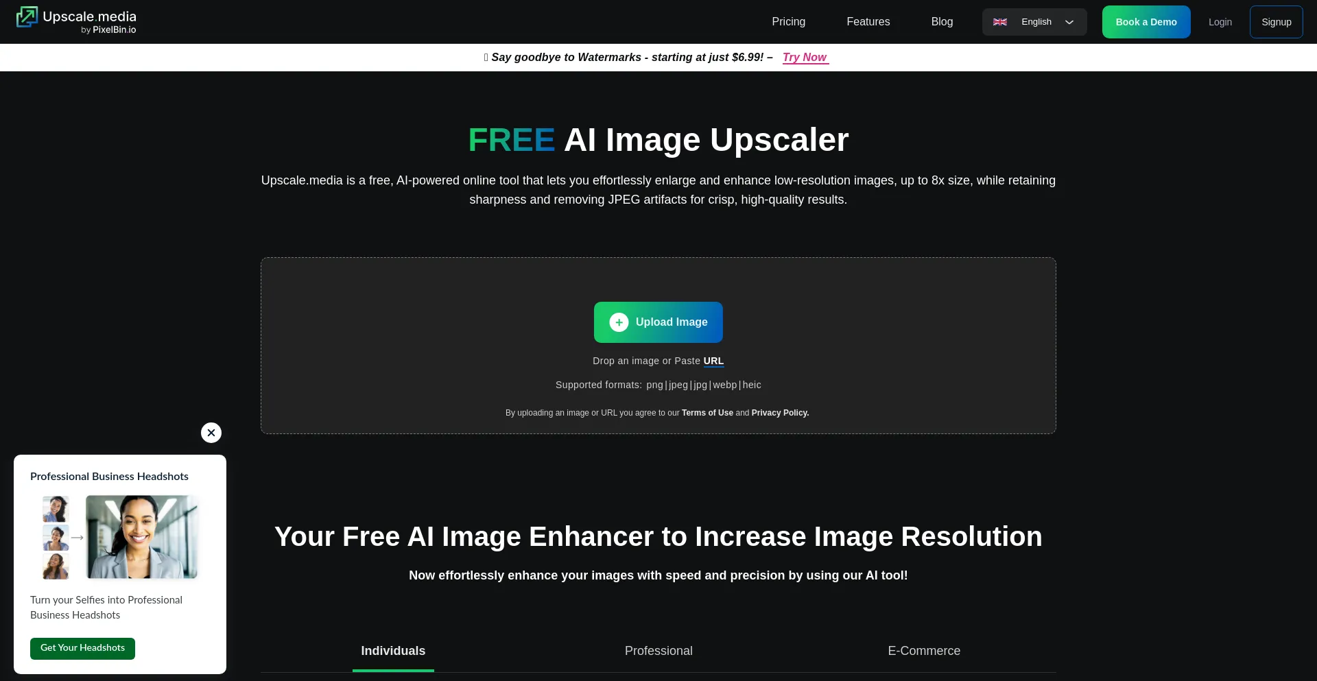 Website screenshot of Upscale.media