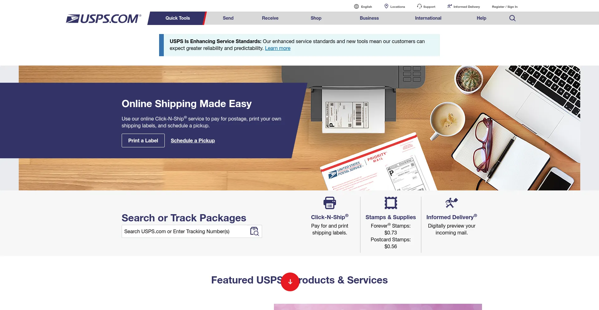 Website screenshot of Usps.com