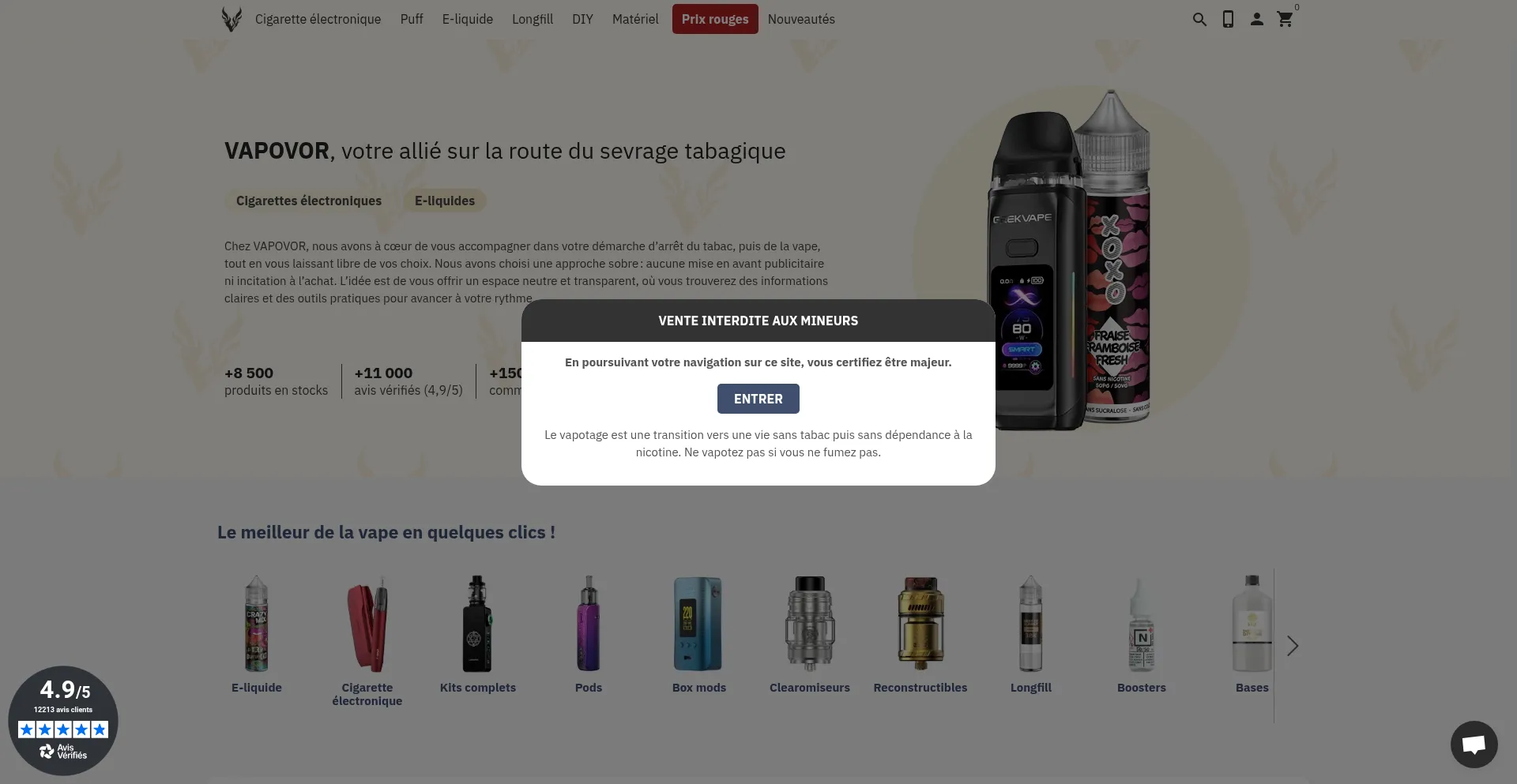 Website screenshot of Vapovor.com