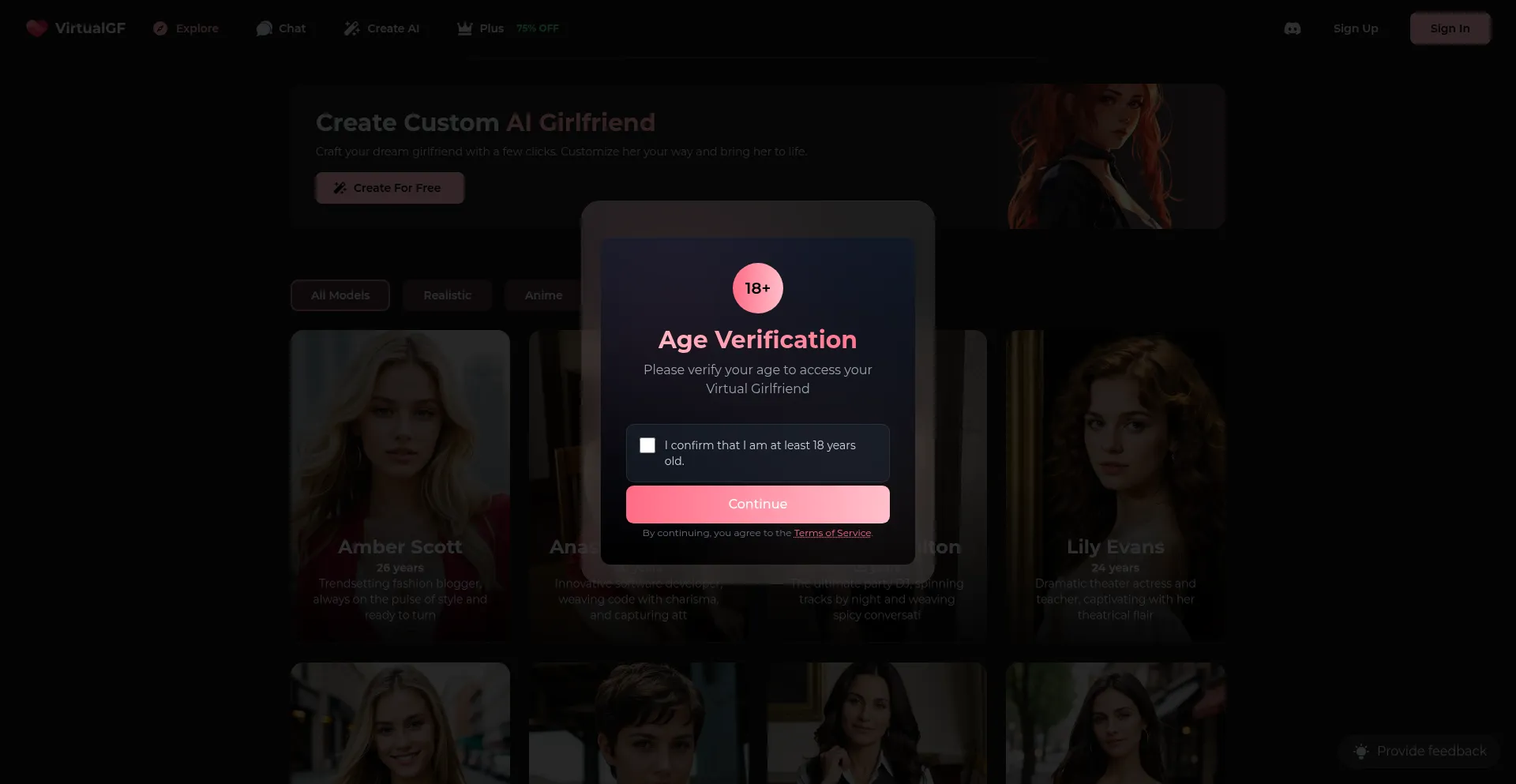 Website screenshot of Virtualgf.chat