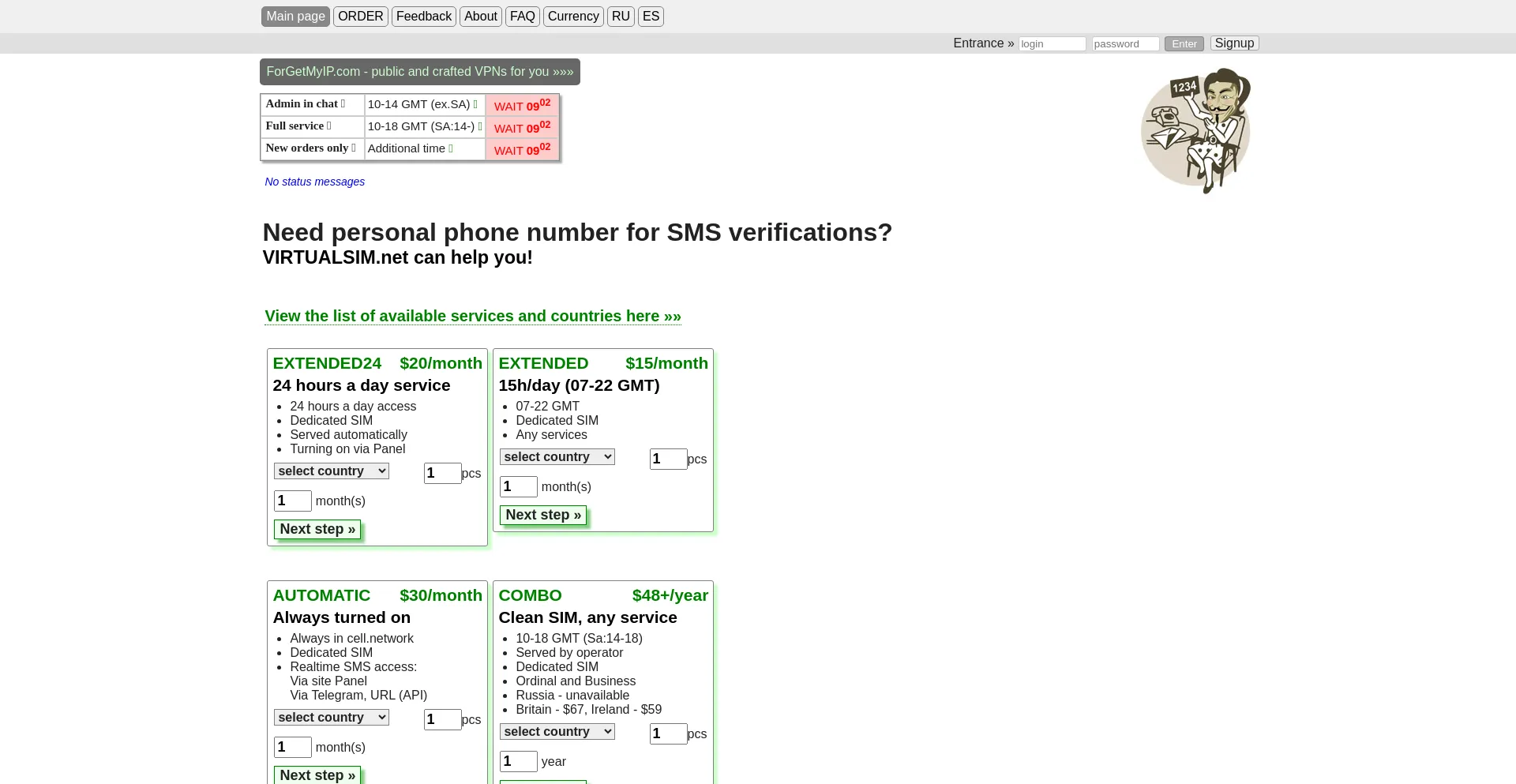 Website screenshot of Virtualsim.net