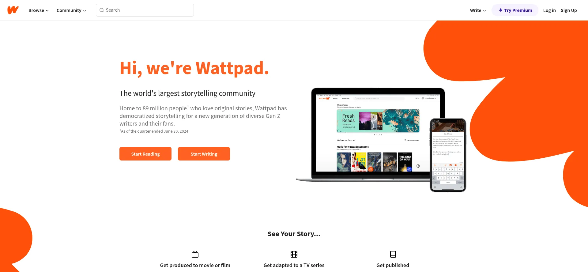 Website screenshot of Wattpad.com