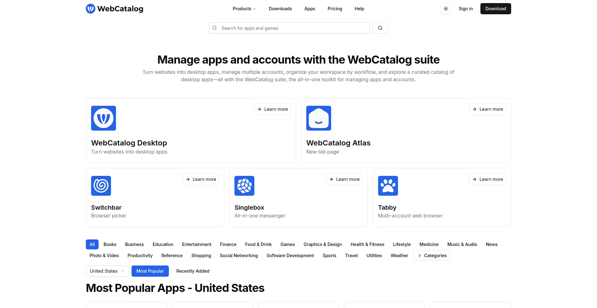 Website screenshot of Webcatalog.io