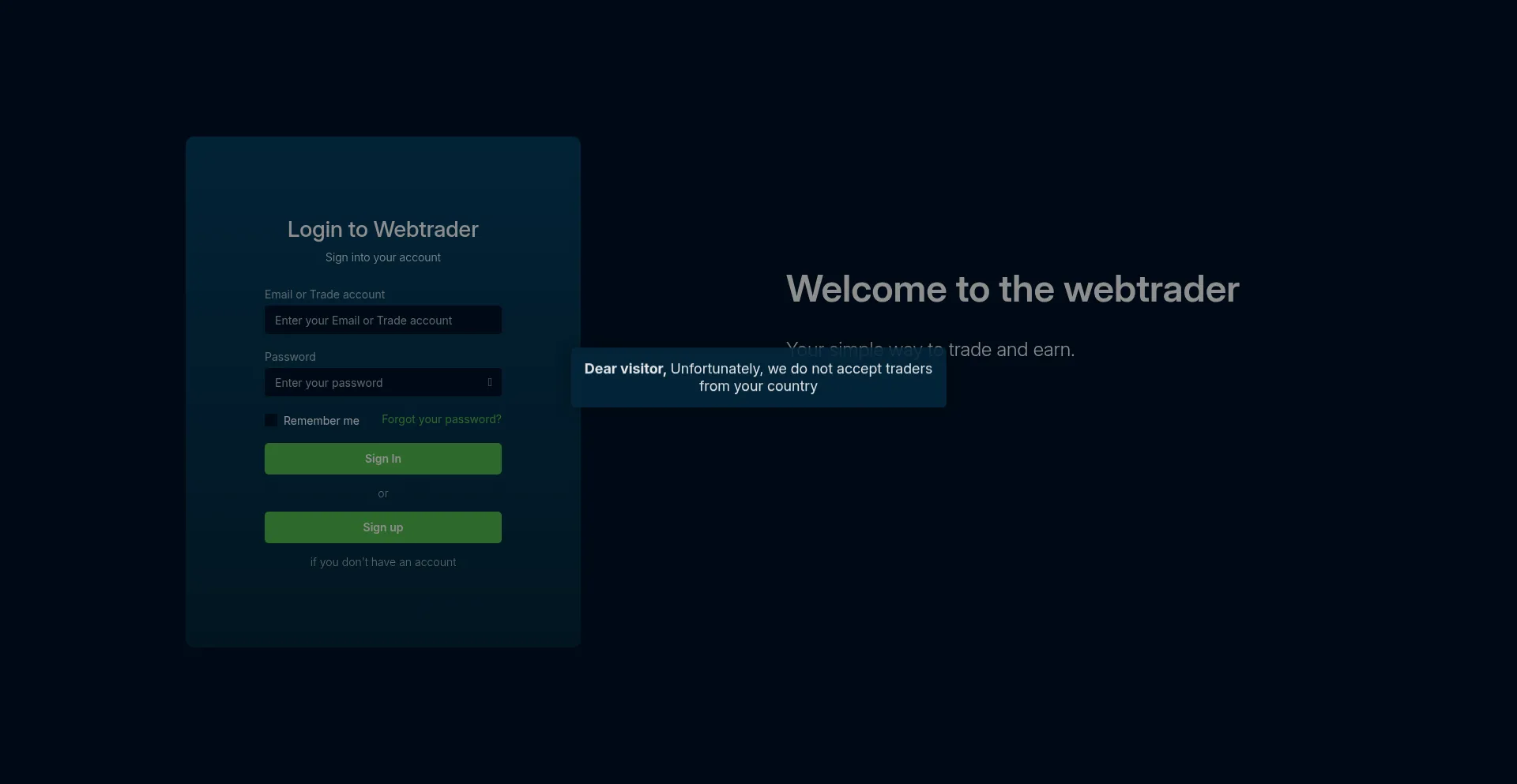Website screenshot of Webtrader.staryx-glarex.com