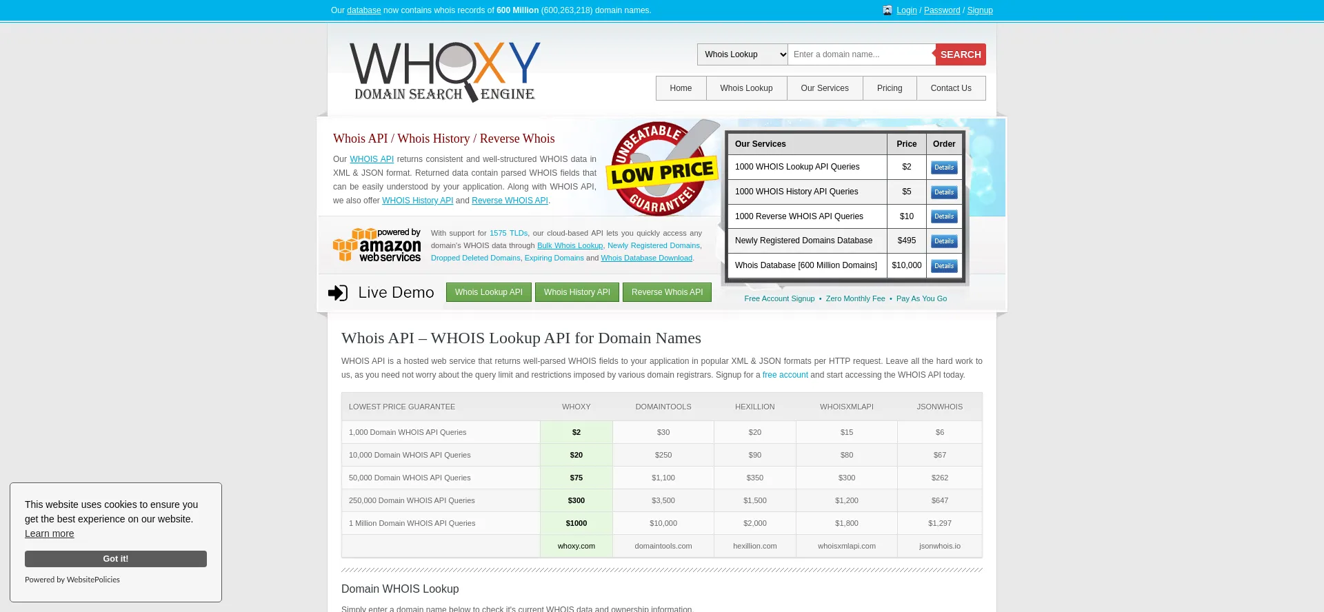 Website screenshot of Whoxy.com