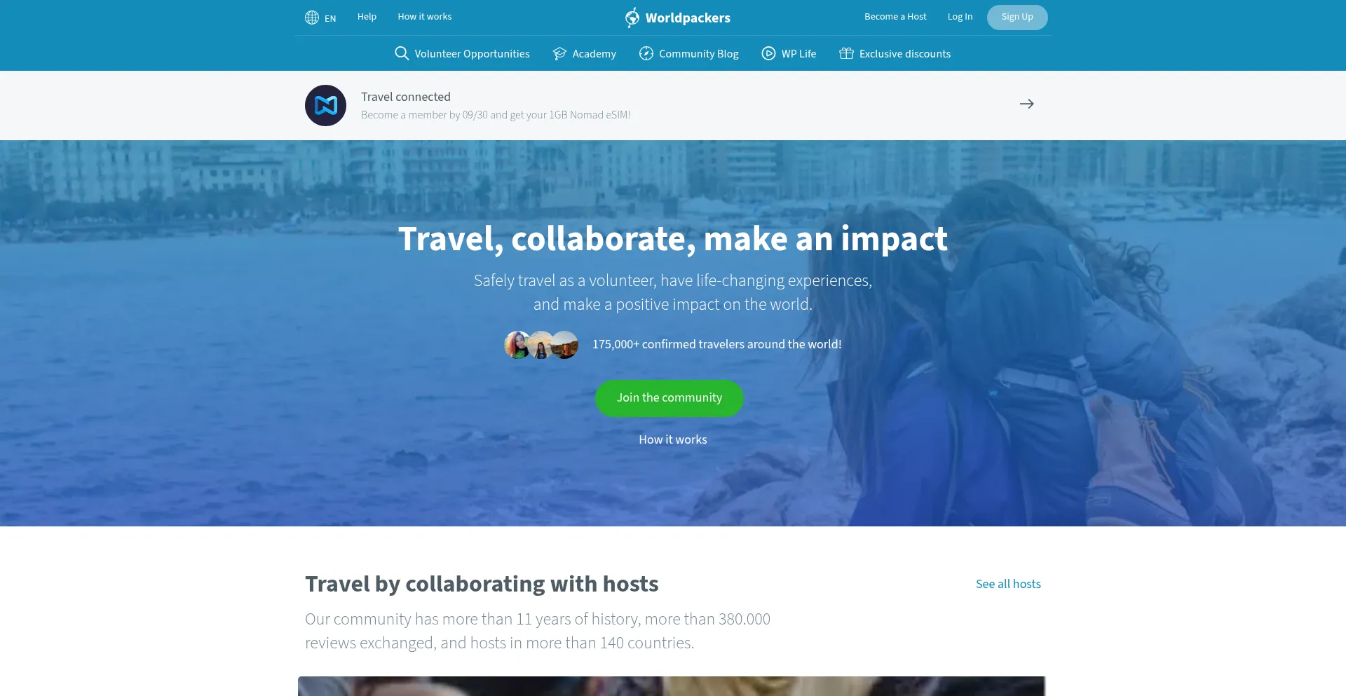 Website screenshot of Worldpackers.com