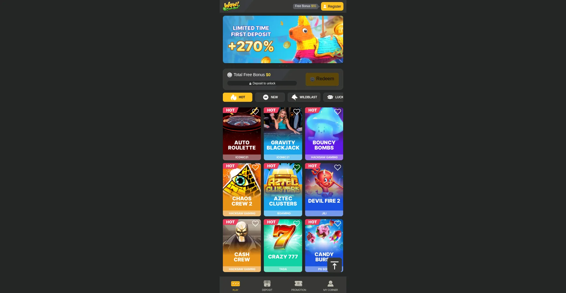 Website screenshot of Wowcashout.com