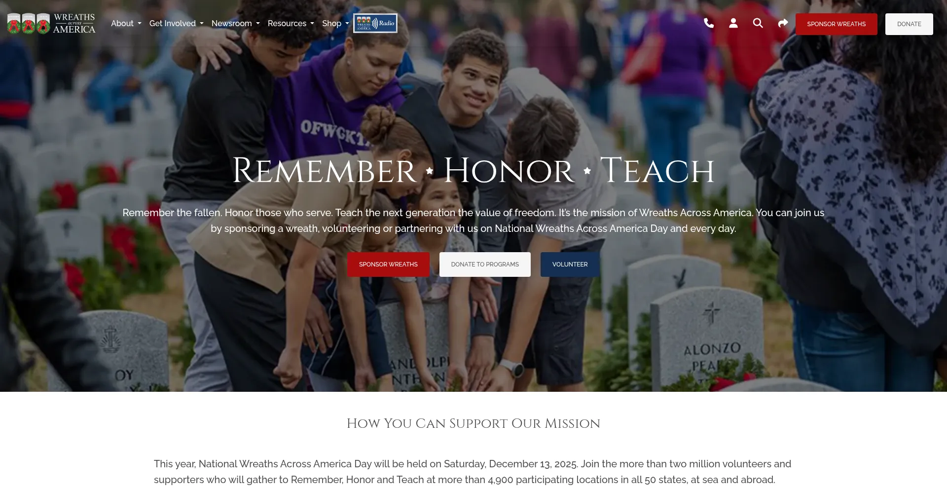 Website screenshot of Wreathsacrossamerica.org