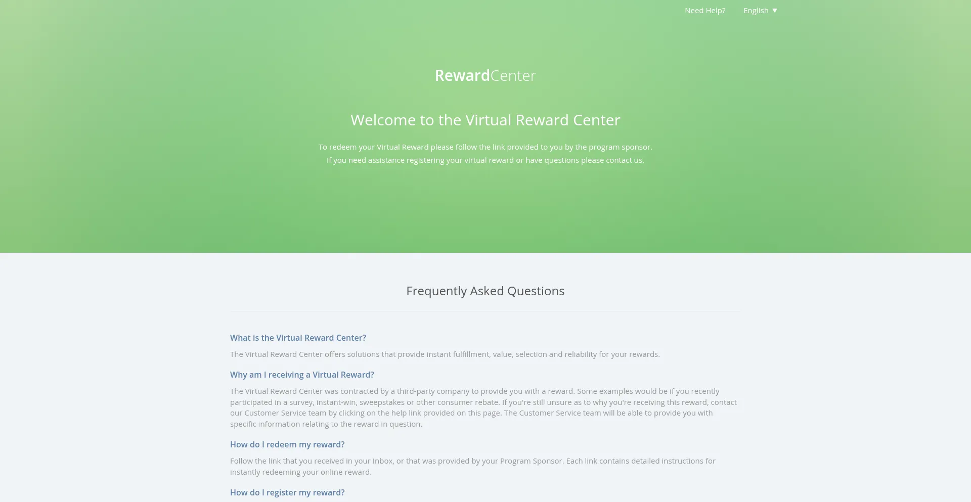 Website screenshot of Www2.virtualrewardcenter.com