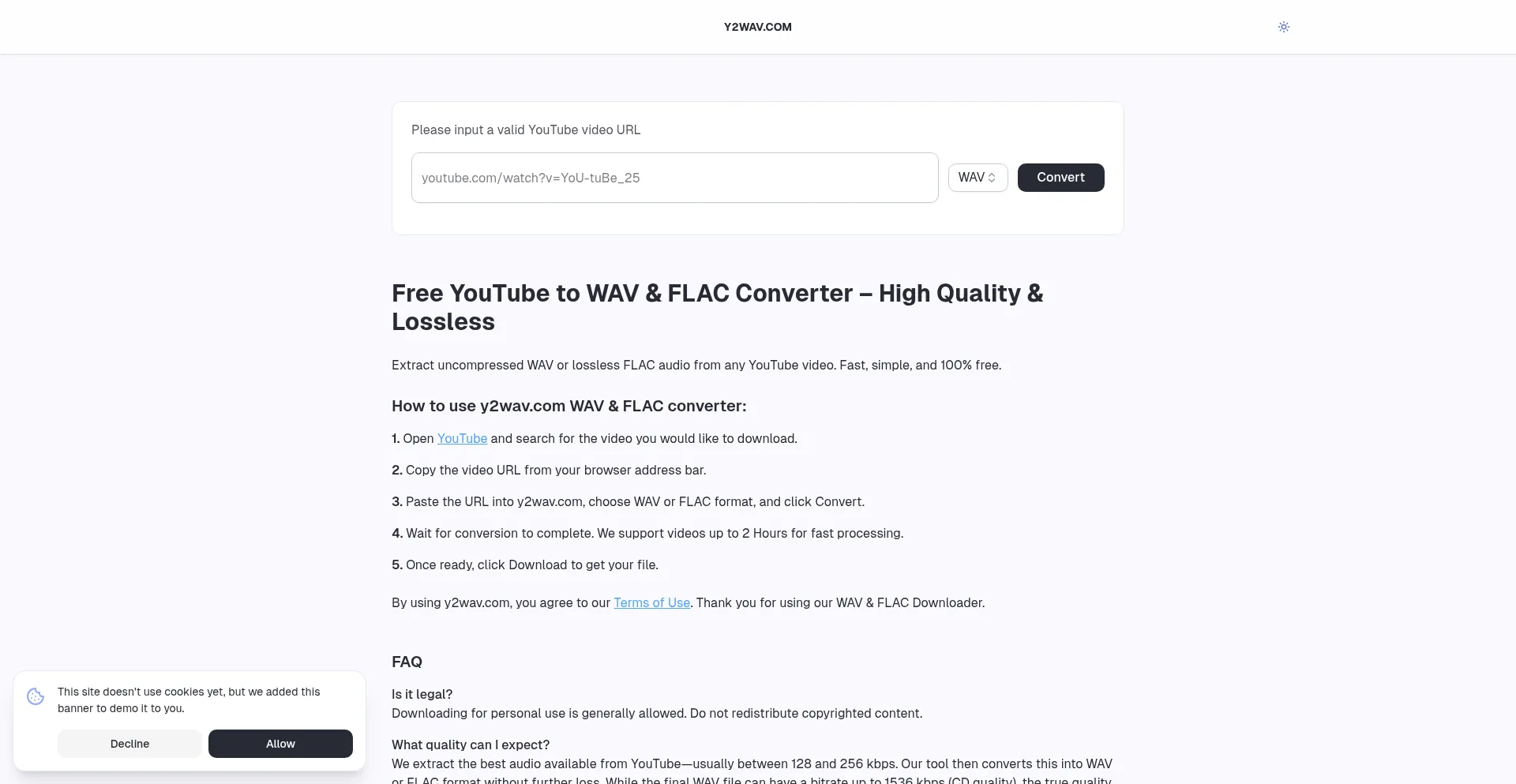 Website screenshot of Y2wav.com