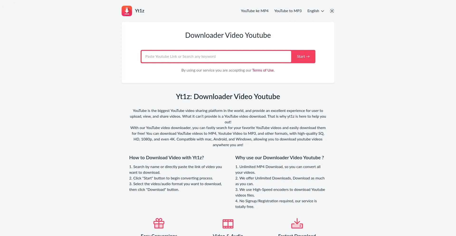 Website screenshot of Yt1z.net