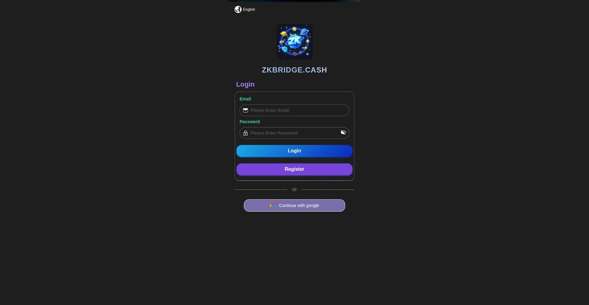 Website screenshot of Zkbridge.cash