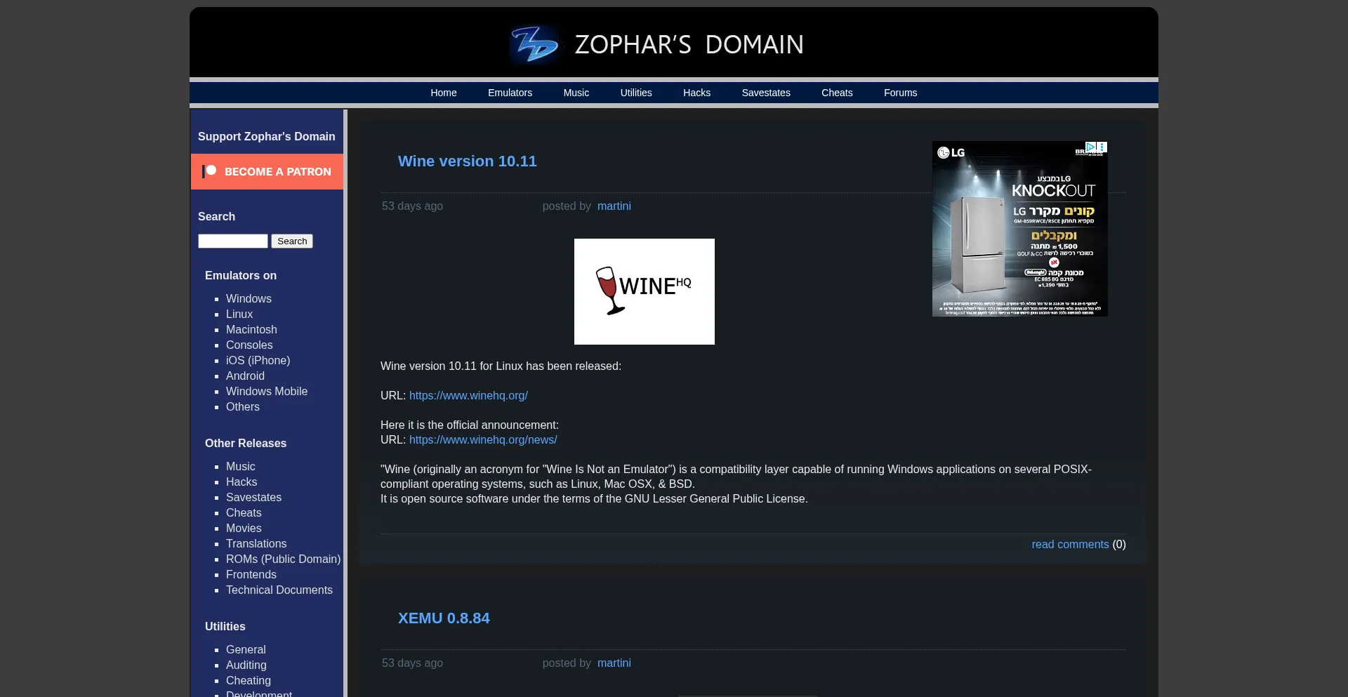Website screenshot of Zophar.net